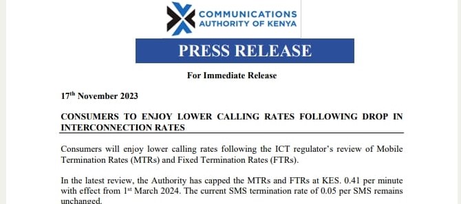 The Authority has lowered interconnection rates among mobile operators, which will see a reduction in calling rates