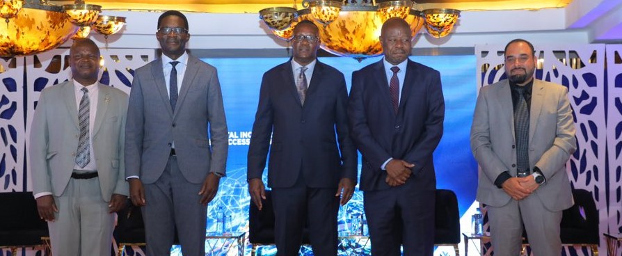 Mr. Eliud Owalo, the Cabinet Secretary for Information, Communications and the Digital Economy (Centre) poses for a group photo with, L-R: Eng. Daniel Obam of the National Communications Secretariat, CA Director General Mr. Ezra Chiloba, Broadcasting and Telecommunications Principal Secretary Prof. Edward Kisiang’ani and Airtel Kenya CEO Ashish Malhotra after opening the 2023 ICT Week.