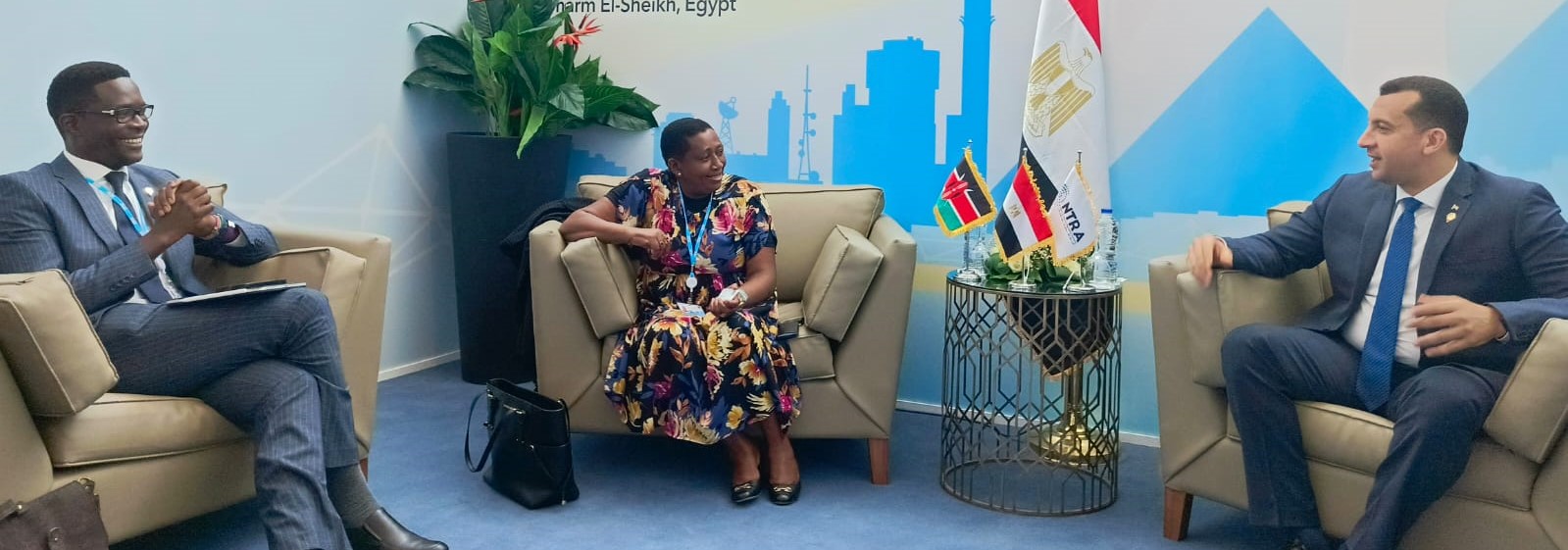 CA Board Chairperson Ms. Mary Mungai (centre) with Eng. Hossam El Gamal, the Executive President of the National Telecommunication Regulatory Authority (NTRA) of Egypt (right) on the sidelines of the Global Symposium of Regulators in Sharm El Sheikh. 