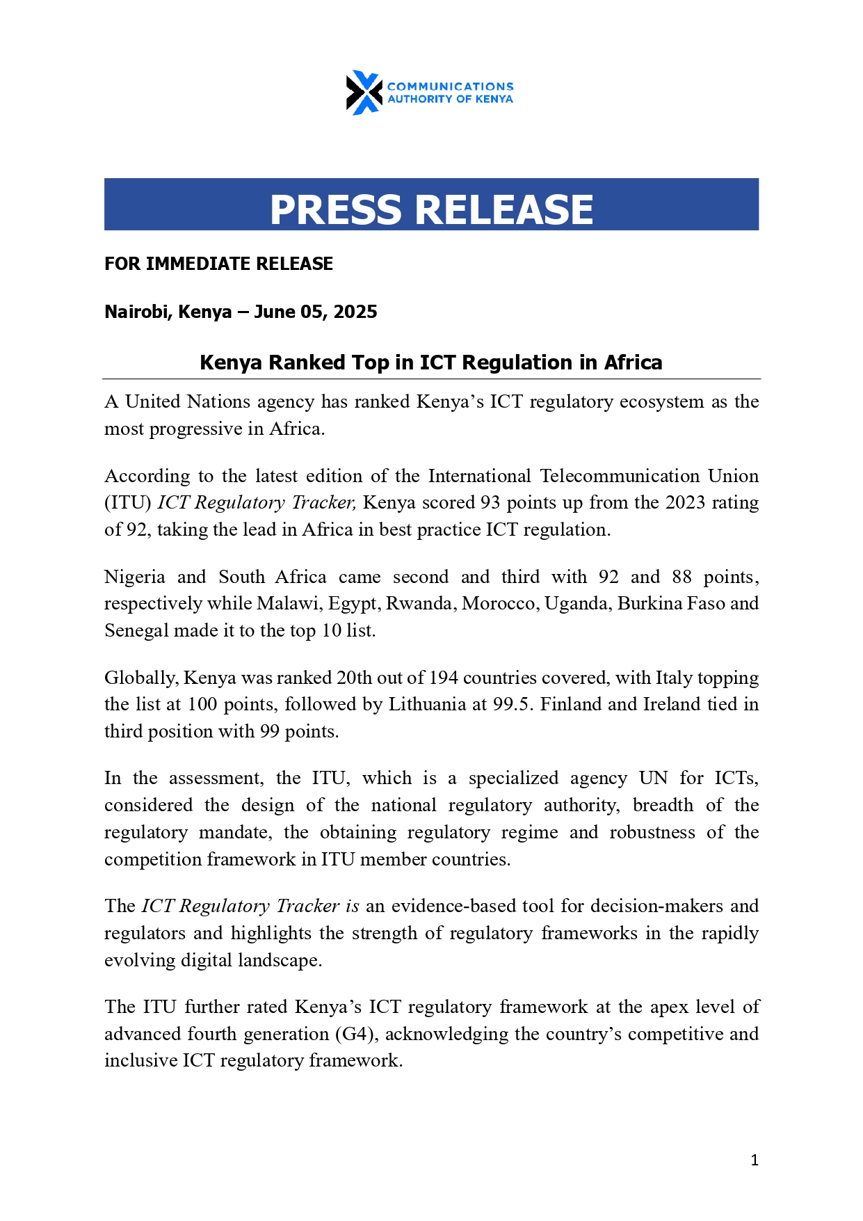 Press Release front page