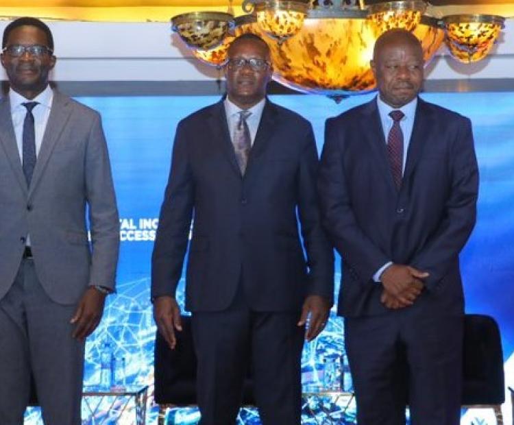 Mr. Eliud Owalo, the Cabinet Secretary for Information, Communications and the Digital Economy (Centre) poses for a group photo with, L-R: Eng. Daniel Obam of the National Communications Secretariat, CA Director General Mr. Ezra Chiloba, Broadcasting and Telecommunications Principal Secretary Prof. Edward Kisiang’ani and Airtel Kenya CEO Ashish Malhotra after opening the 2023 ICT Week.