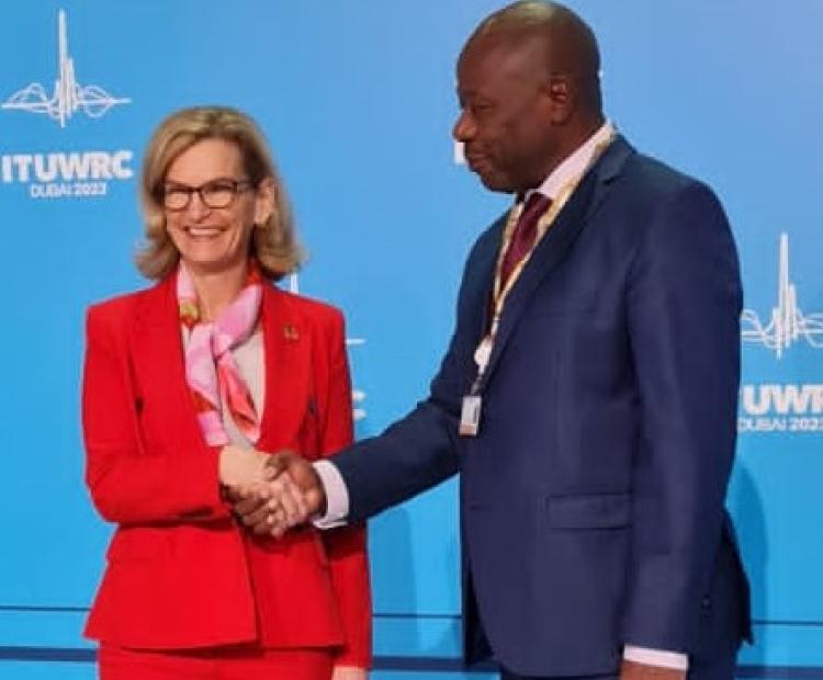 Broadcasting and Telecommunications Principal Secretary Prof. Edward Kisiang'ani (right) with ITU Secretary General Ms. Doreen-Bogdan Martin on the sidelines of the World Radiocommunication Conference in Dubai, United Arab Emirates.